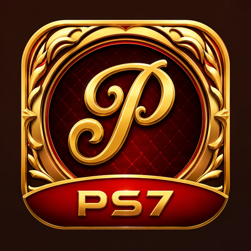 PS7 Game logo with a premium gold letter "P" on a luxurious red background, featuring an elegant golden frame and PS7 branding in HD quality.